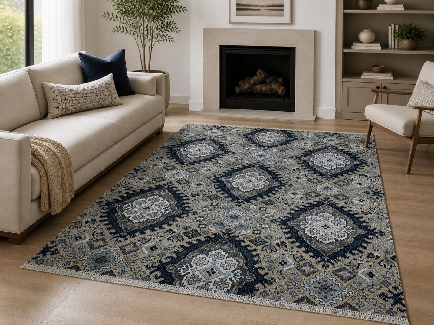 Tapis en laine noué à la main 8x10 ft, bleu marine et taupe, motif floral photo furniture