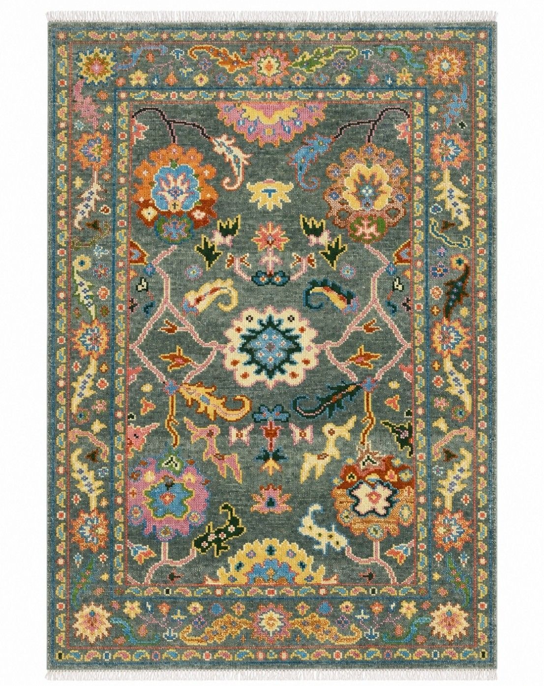 6x9 Ft Handknotted Oushak Rug For Living Room, Green Floral Design Modern Carpet photo furniture