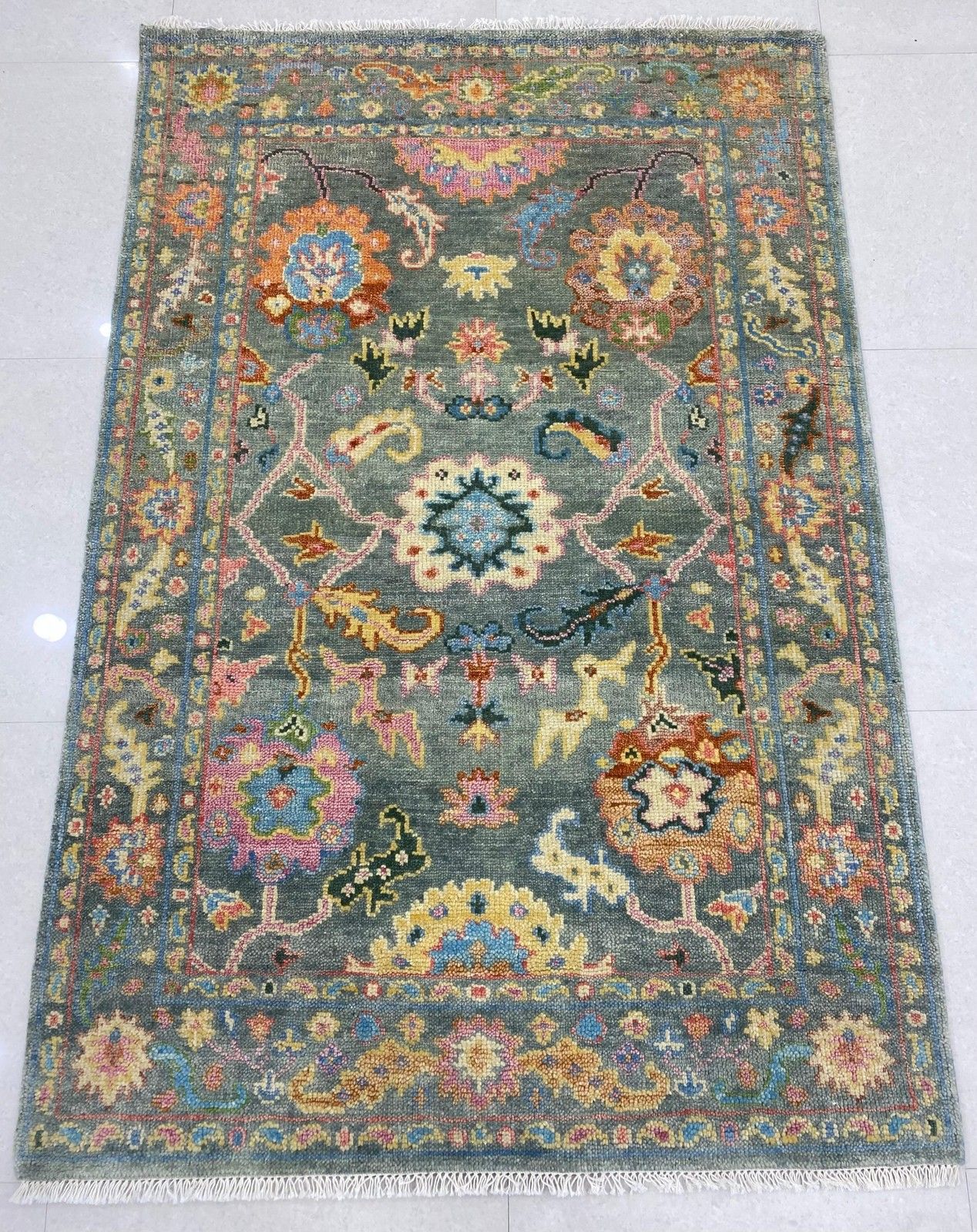 6x9 Ft Handknotted Oushak Rug For Living Room, Green Floral Design Modern Carpet photo for sale