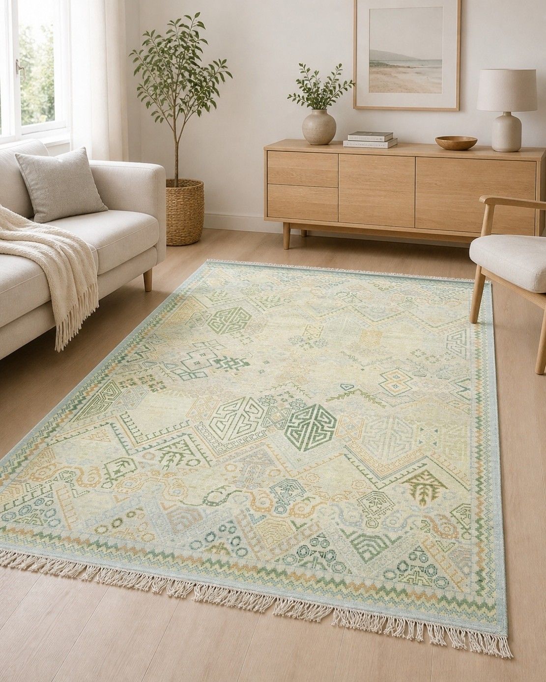 8x10 Ft Hand Knotted Wool Area Rug, Oushak Ivory Sage Green Design Carpet