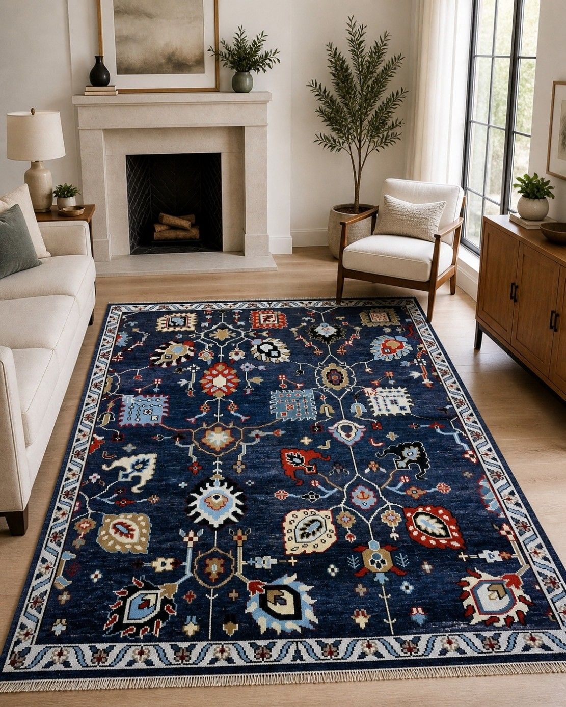 8x10 Ft Hand Knotted Wool Area Rug, Oushak Navy Blue Floral Design Carpet