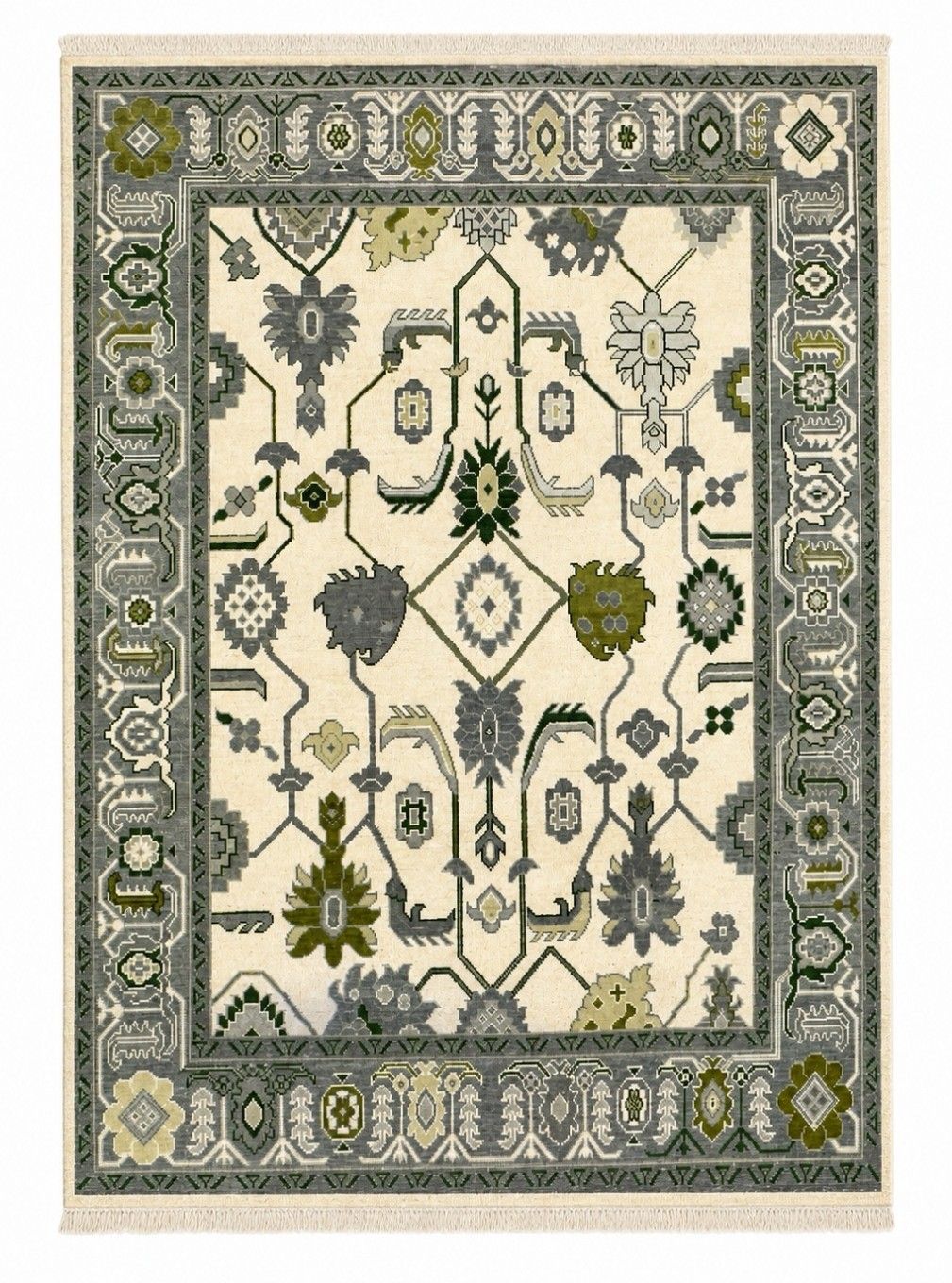 9x12 Ft Hand Knotted Large Area Rug,  Oushak Green Floral Design Wool Carpet