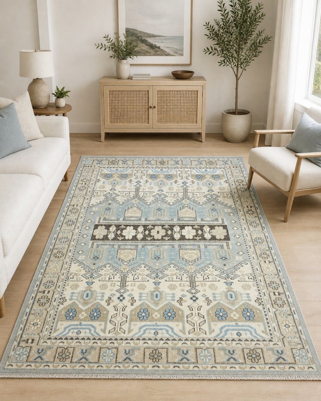 Tapis Oushak floral noué à la main en laine, 245 x 305 cm, bleu et ivoire photo furniture