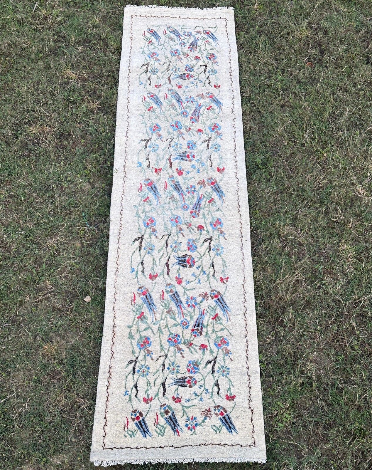 2.9x10.8 Ft Handmade Silk Hallway Rug. Floral Vine Design Runner Rug For Kitchen photo Textiles