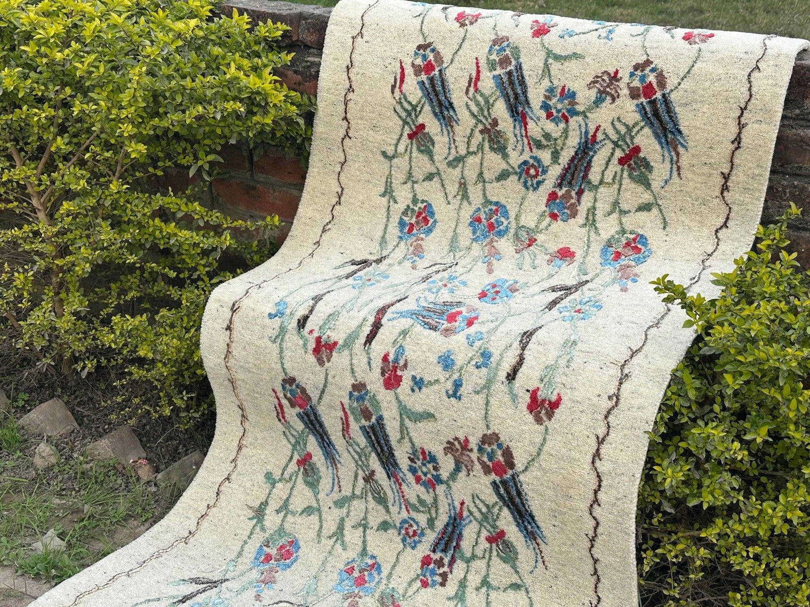 Tapis de couloir en soie fait main, 88 x 330 cm. Tapis de passage à motif floral et végétal pour cuisine