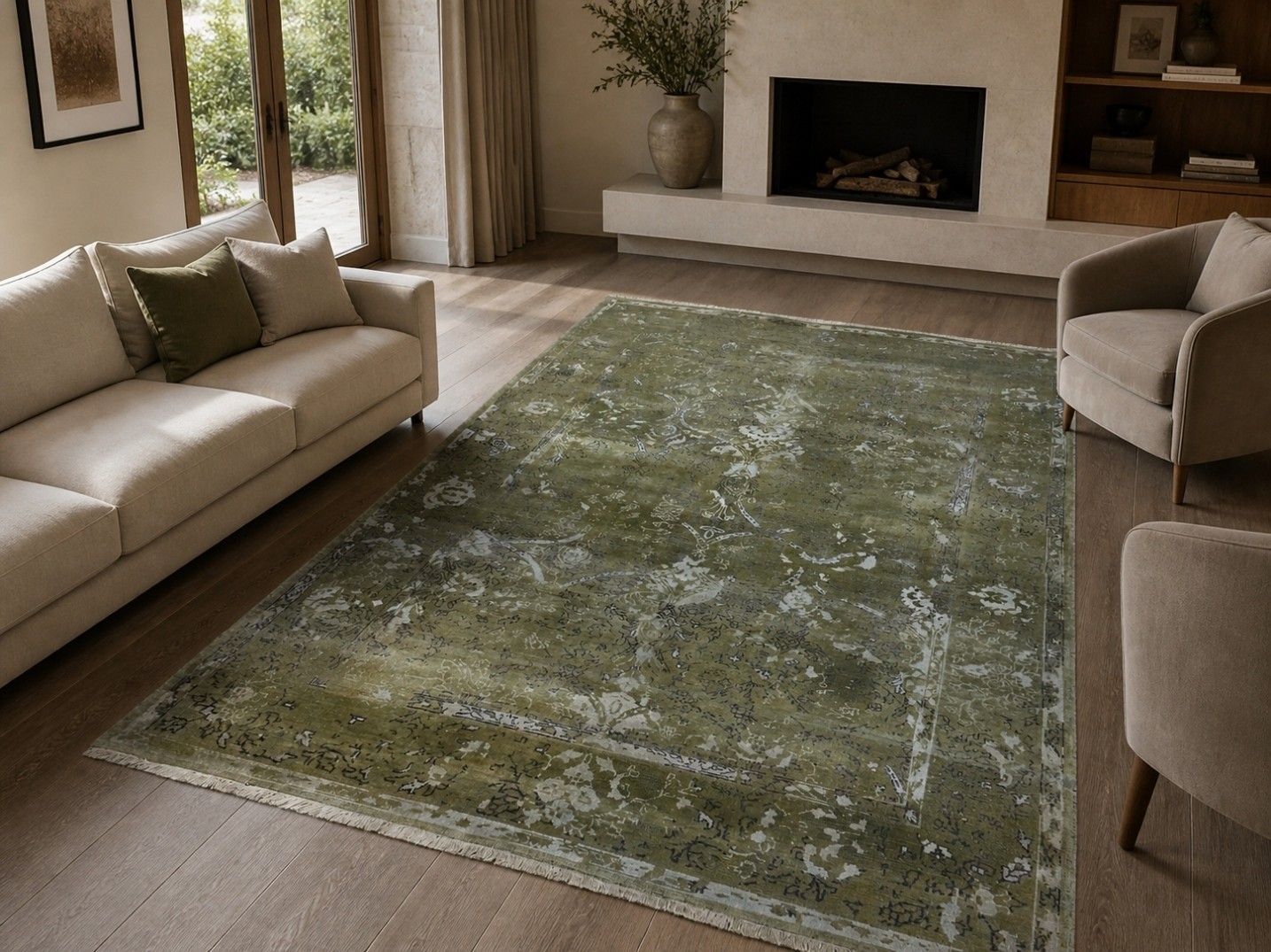 Tapis en laine et soie noué à la main, motif floral patiné vert olive, 180 x 270 cm photo furniture