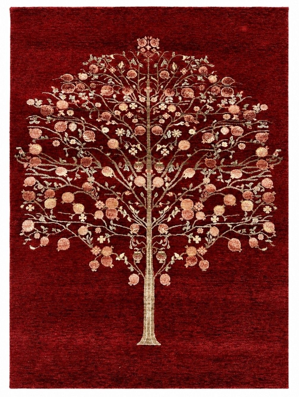 Tapis noué à la main 150 x 245 cm, motif botanique arbre, rouge, pour salon