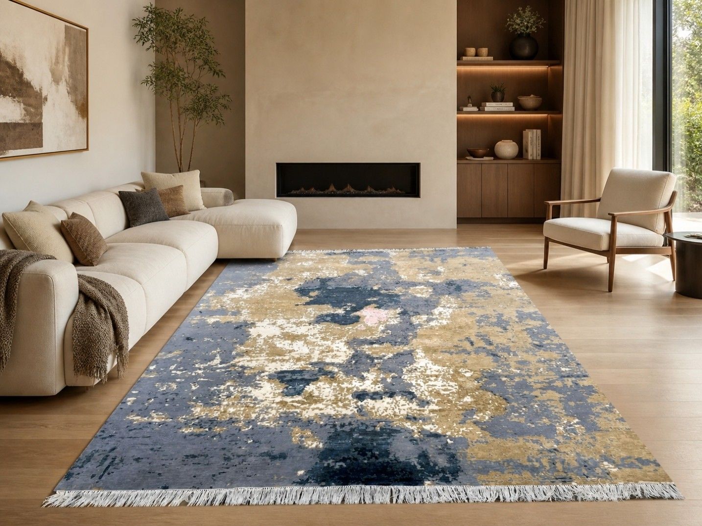 9x12 Ft Hand Knotted Wool Area Rug, Abstract Blue And Beige Modern Carpet photo furniture