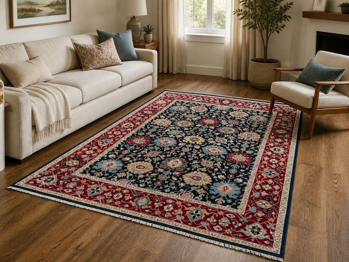 8x10 Ft Handmade Wool Area Rug. Navy & Red Floral Pattern Carpet For Living Room photo furniture