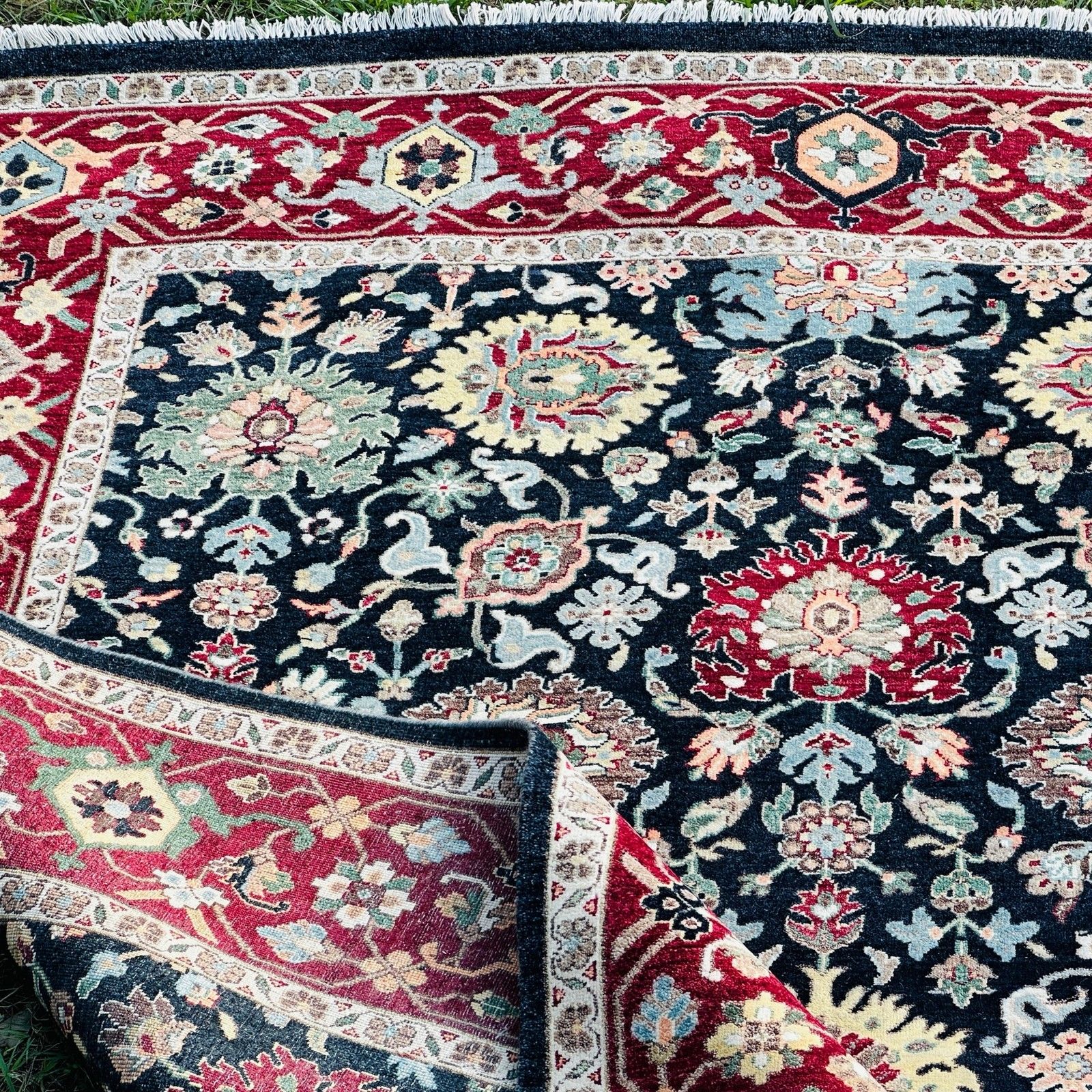 Tapis en laine fait main 245 x 305 cm, motif floral marine et rouge, pour salon photo vintage