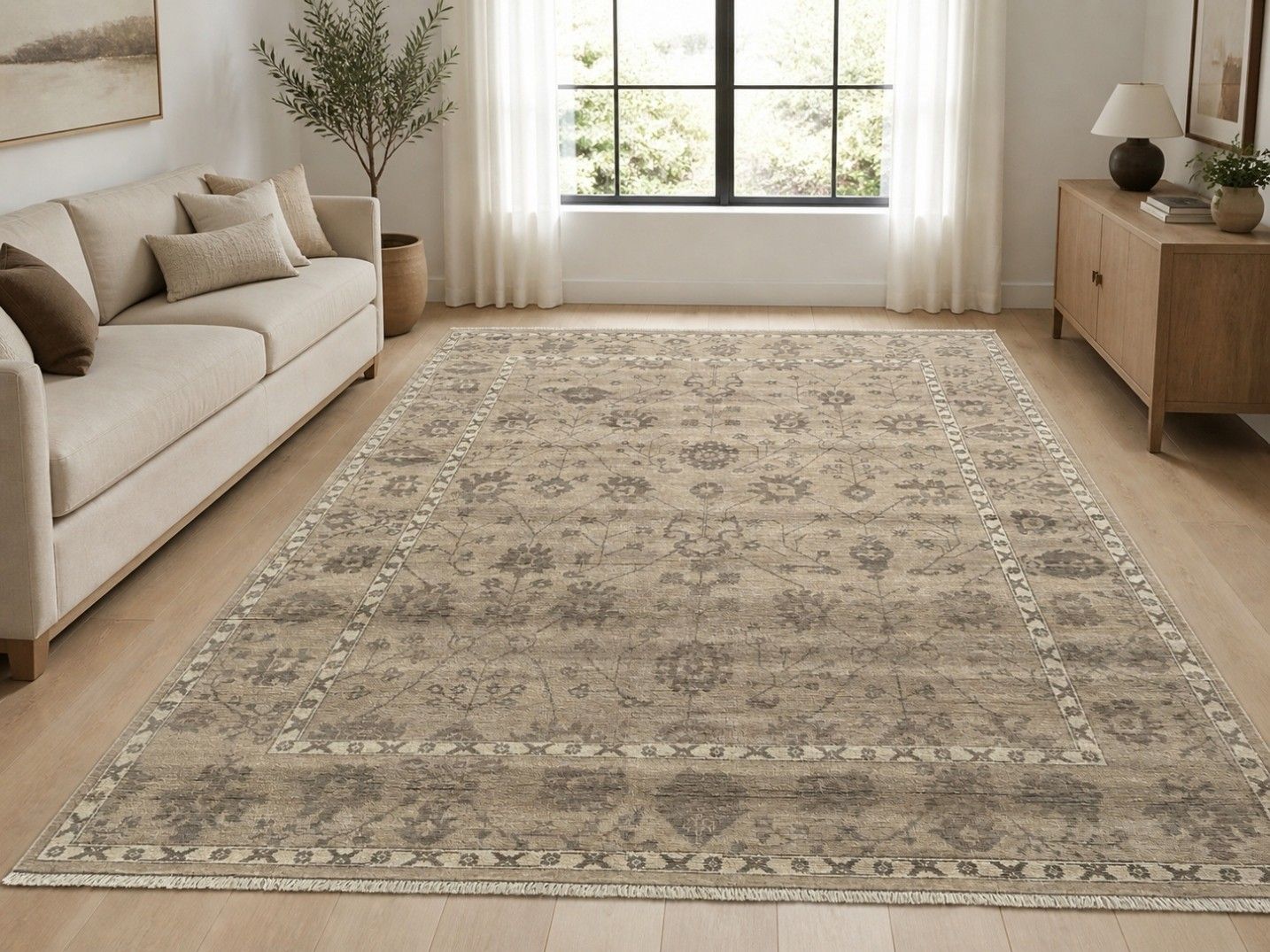 Tapis en laine noué à la main 275 x 365 cm, motif floral beige pour salon photo furniture
