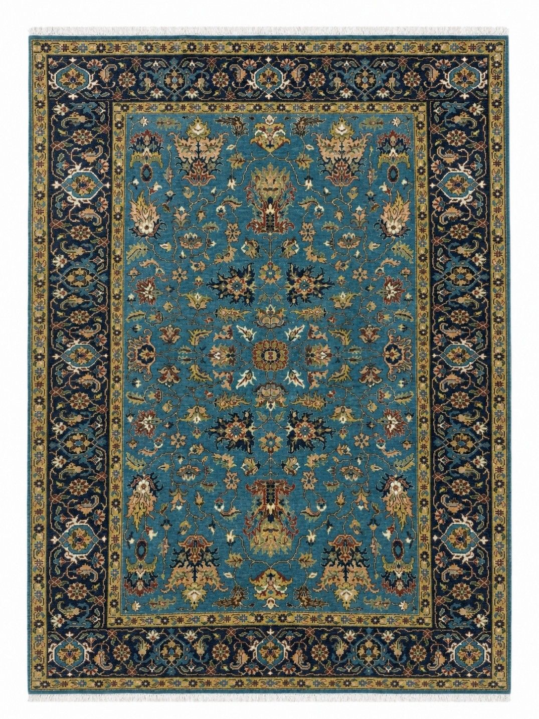 Handgeknoopt wollen vloerkleed 183 x 275 cm, blauw bloemmotief, tapijt voor woonkamer
