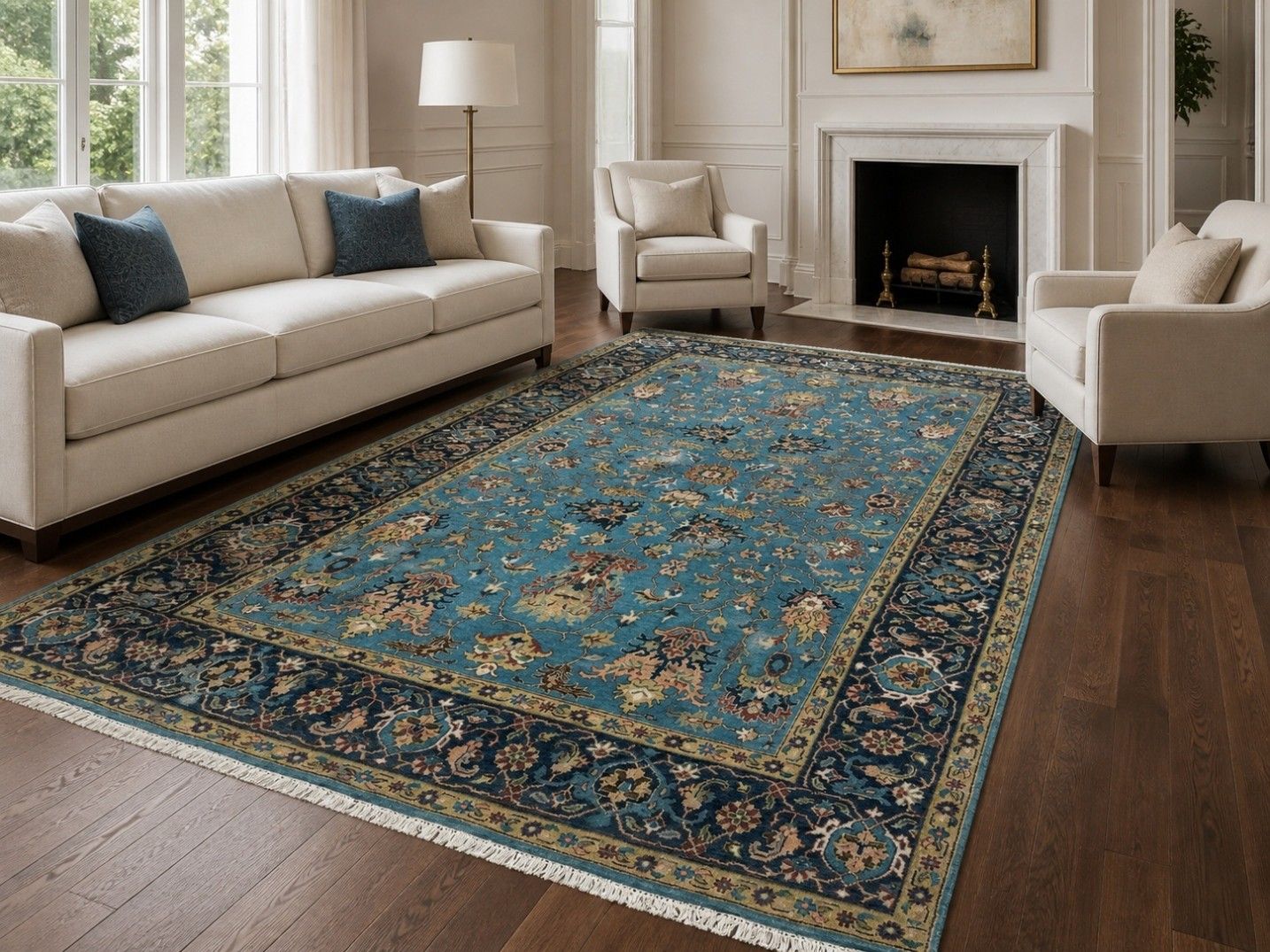 Tapis en laine noué à la main 180 x 270 cm, motif floral bleu pour salon photo furniture