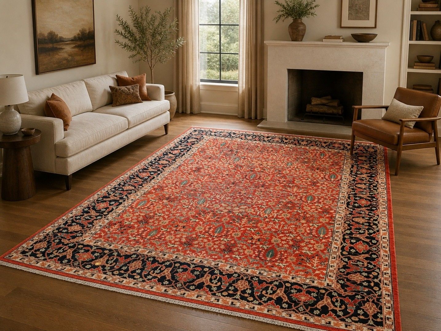 Tapis noué à la main 245 x 305 cm, motif floral, laine rouge pour salon photo furniture