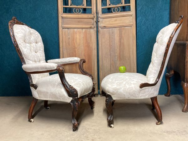 A Fine Pair Of Victorian Ladies And Gentlemans Parlour Chairs photo for sale