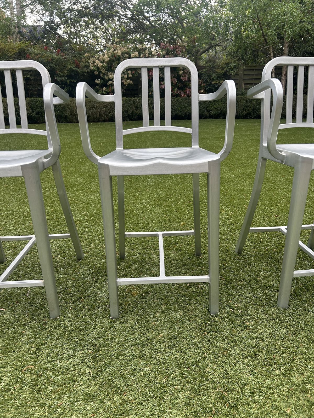 Set Of 4 Emeco Navy Bar Stools With Arms .1944 Hand Brushed Aluminium photo 2000.0