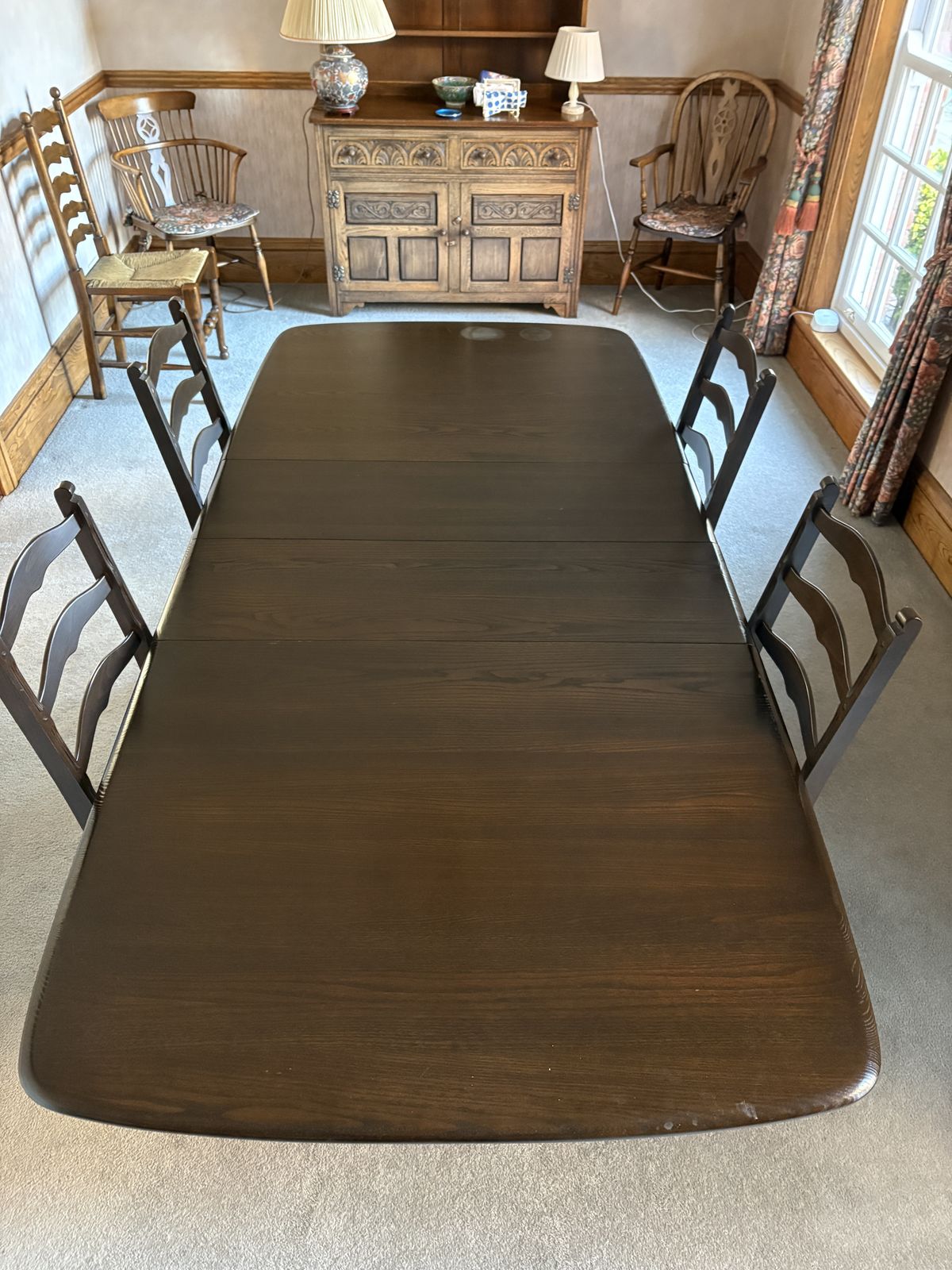 Ercol Dark Oak Table And 4 Chairs Extends From 160   250 Cm With 3 Leaves photo furniture