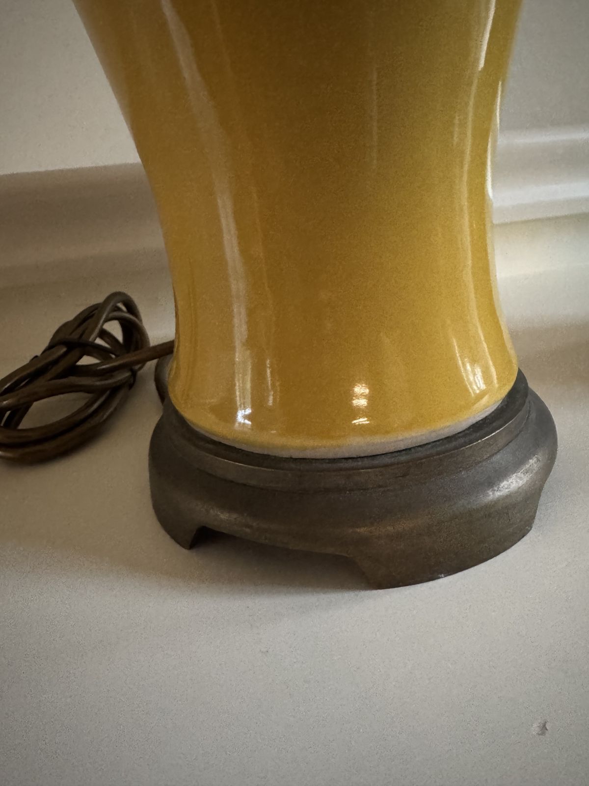 A Pair Of Pale Yellow Porcelain And Brass Tablelamps photo for sale