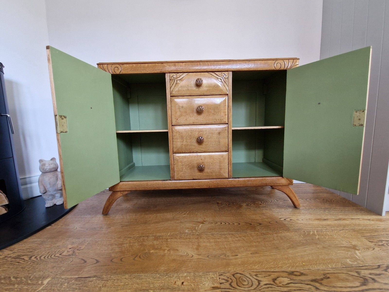 photo buy Mid Century Oak Sideboard | Carved Detail | Fully Restored | Rugged Olive