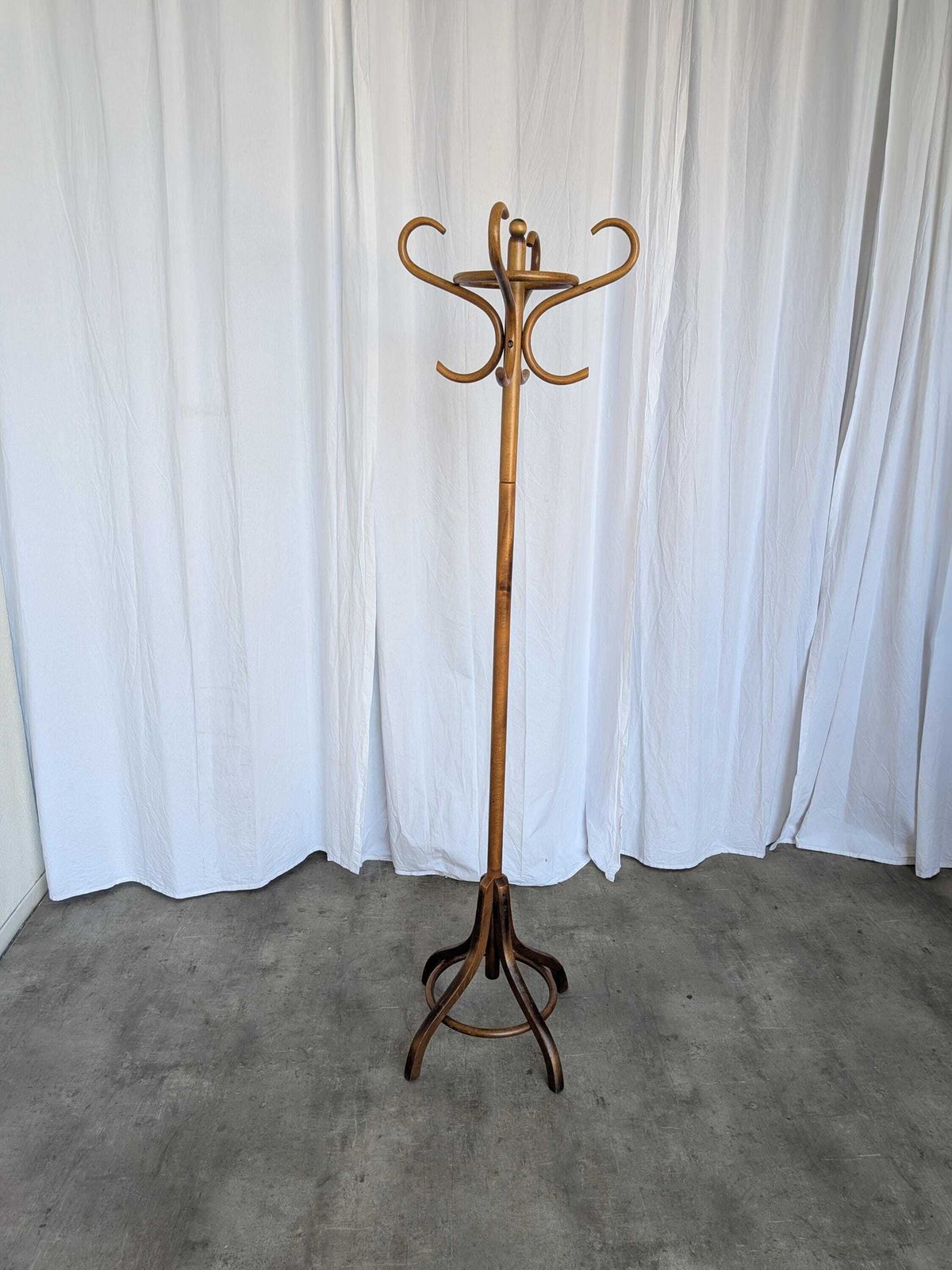 Vintage Bentwood Coat Stand In Thonet Style, Dark Brown Wood Hall Tree, Entryway Coat Rack photo vintage