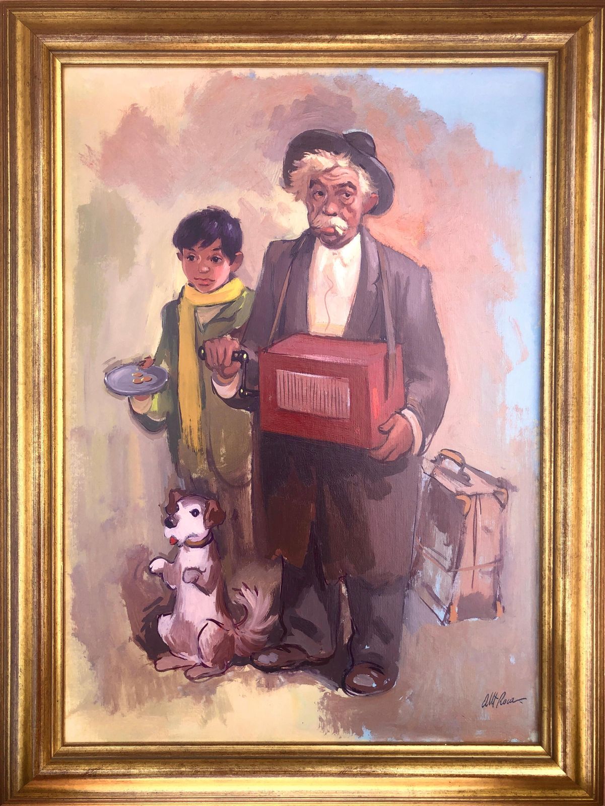 Musiciens des rues au chien, Albert Roca, peinture figurative moderne espagnole à l'huile, vers 1990 photo furniture