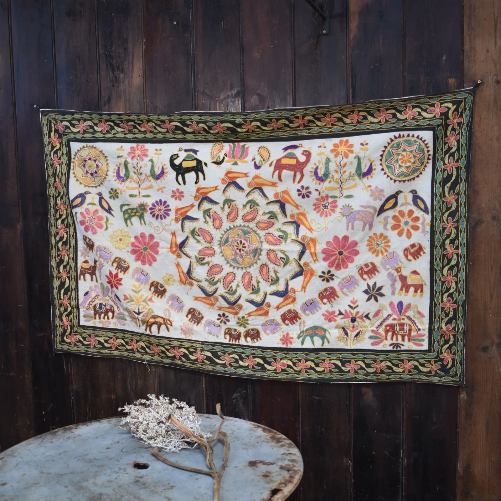 Vintage Traditional Kutch Indian Hand Embroidered Cotton Silk Textile Tapestry photo furniture