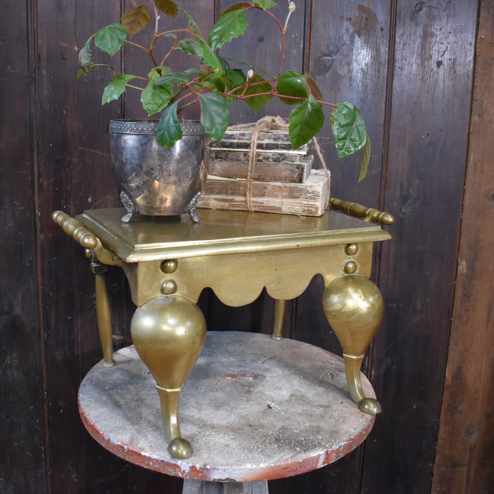 Antique English Georgian Brass Footman Handled Trivet Plant Display Stand