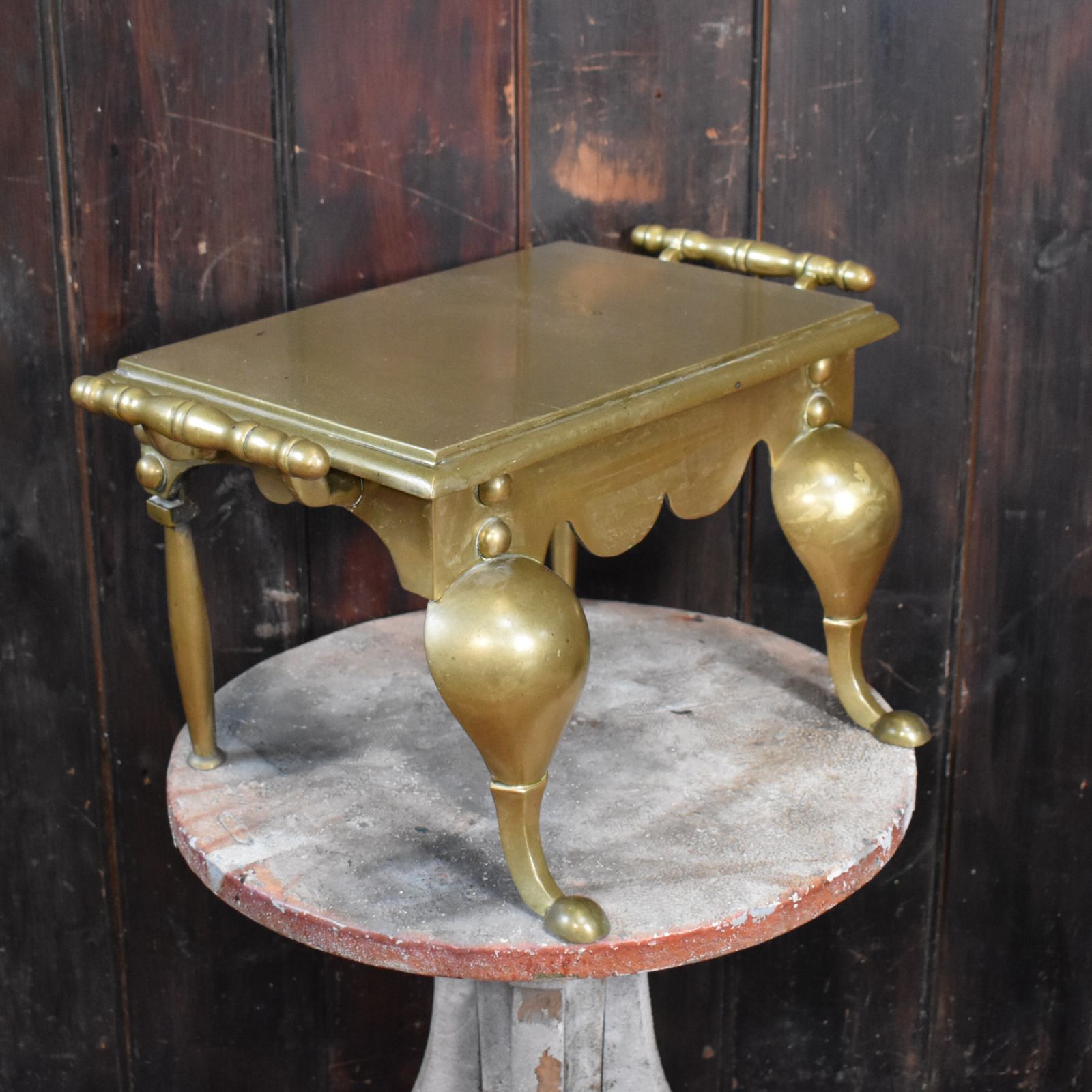 photo for sale Antique English Georgian Brass Footman Handled Trivet Plant Display Stand