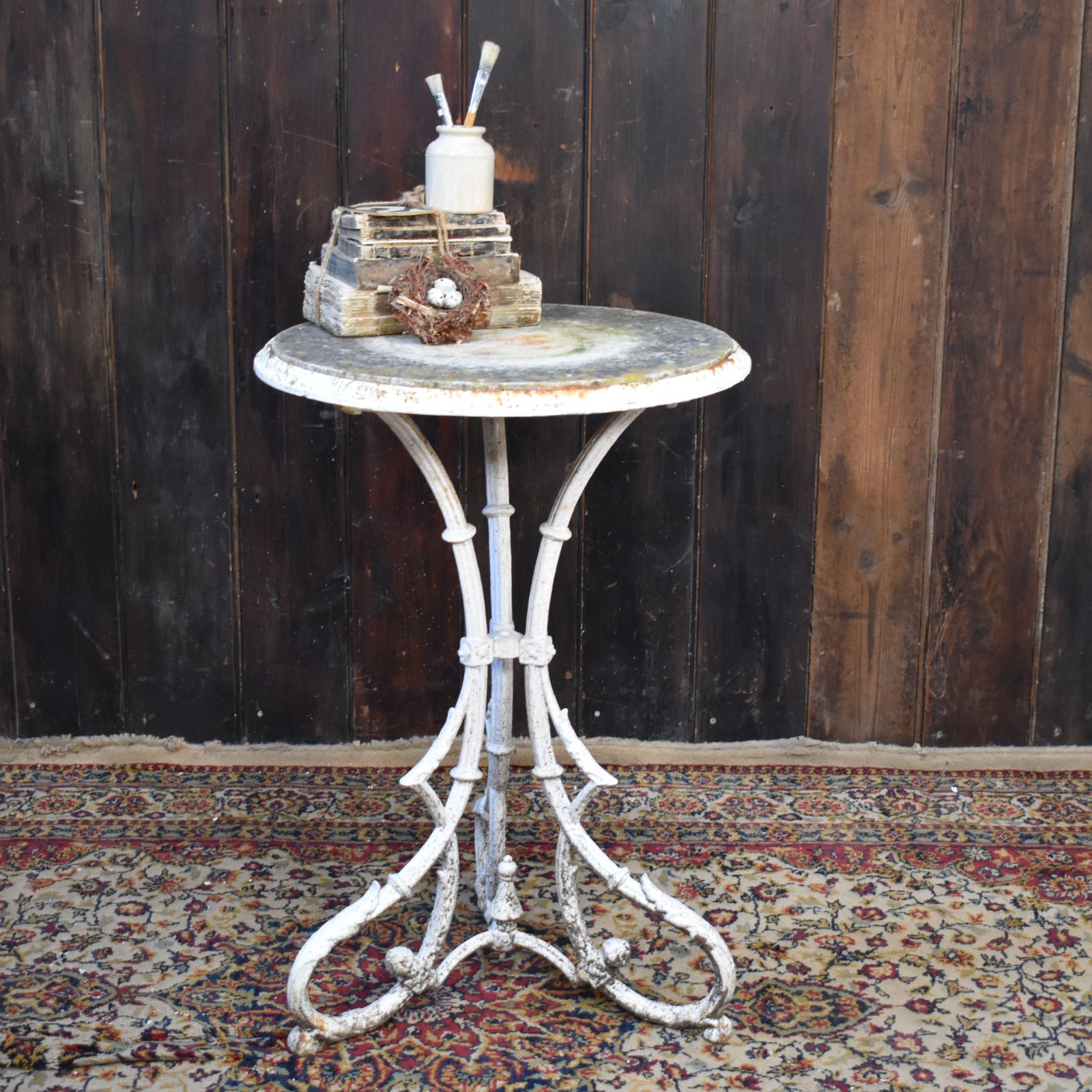 Antique English Marble Topped Cast Iron Weathered Bistro Cafe Outdoor Table