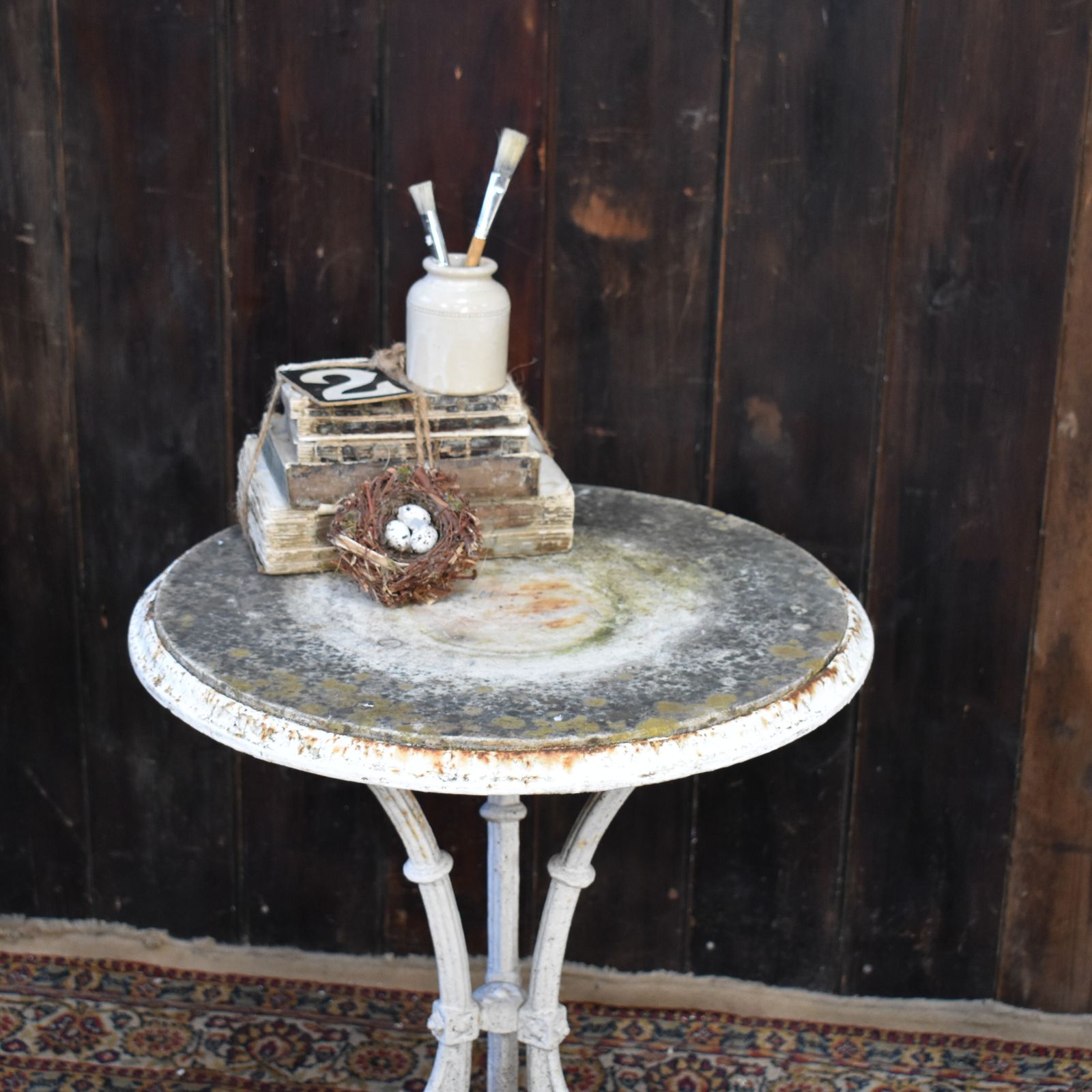Antique English Marble Topped Cast Iron Weathered Bistro Cafe Outdoor Table photo Furniture