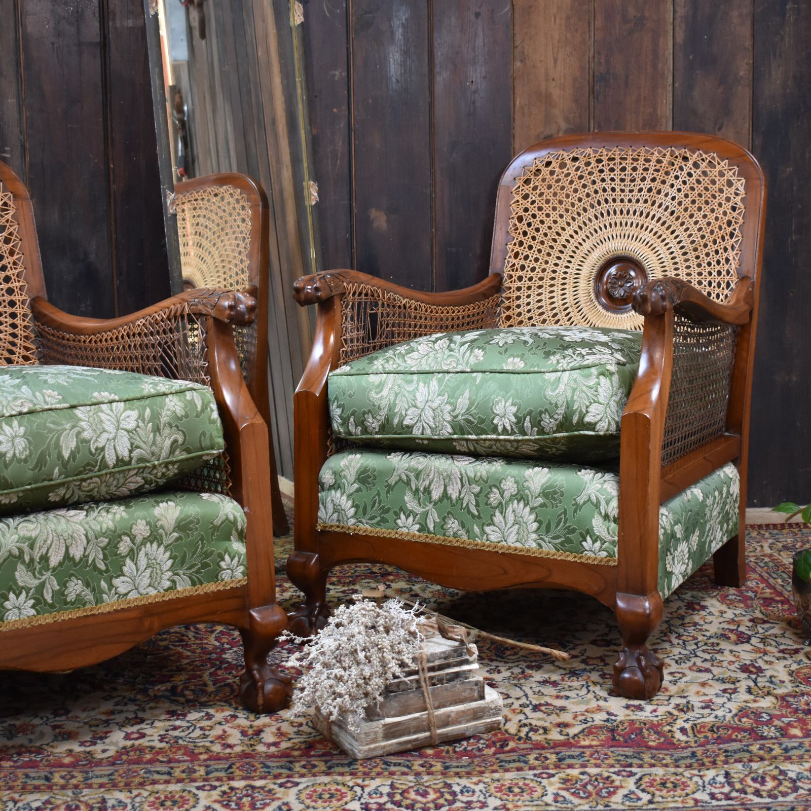 Antique Walnut Bergere Cane Carved Paw Arms Claw & Ball Foot Armchairs Pair photo 795.0
