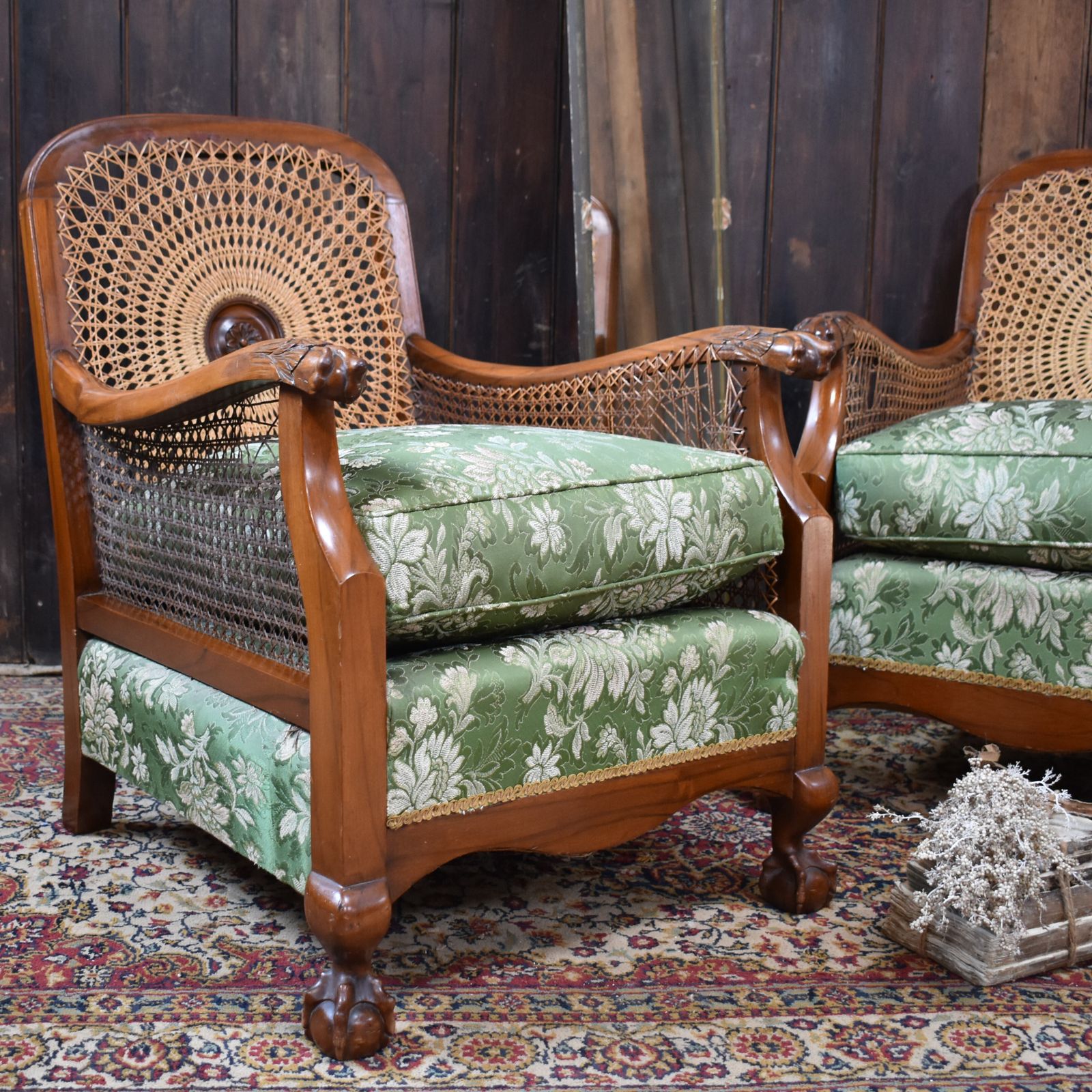 Antique Walnut Bergere Cane Carved Paw Arms Claw & Ball Foot Armchairs Pair photo buy