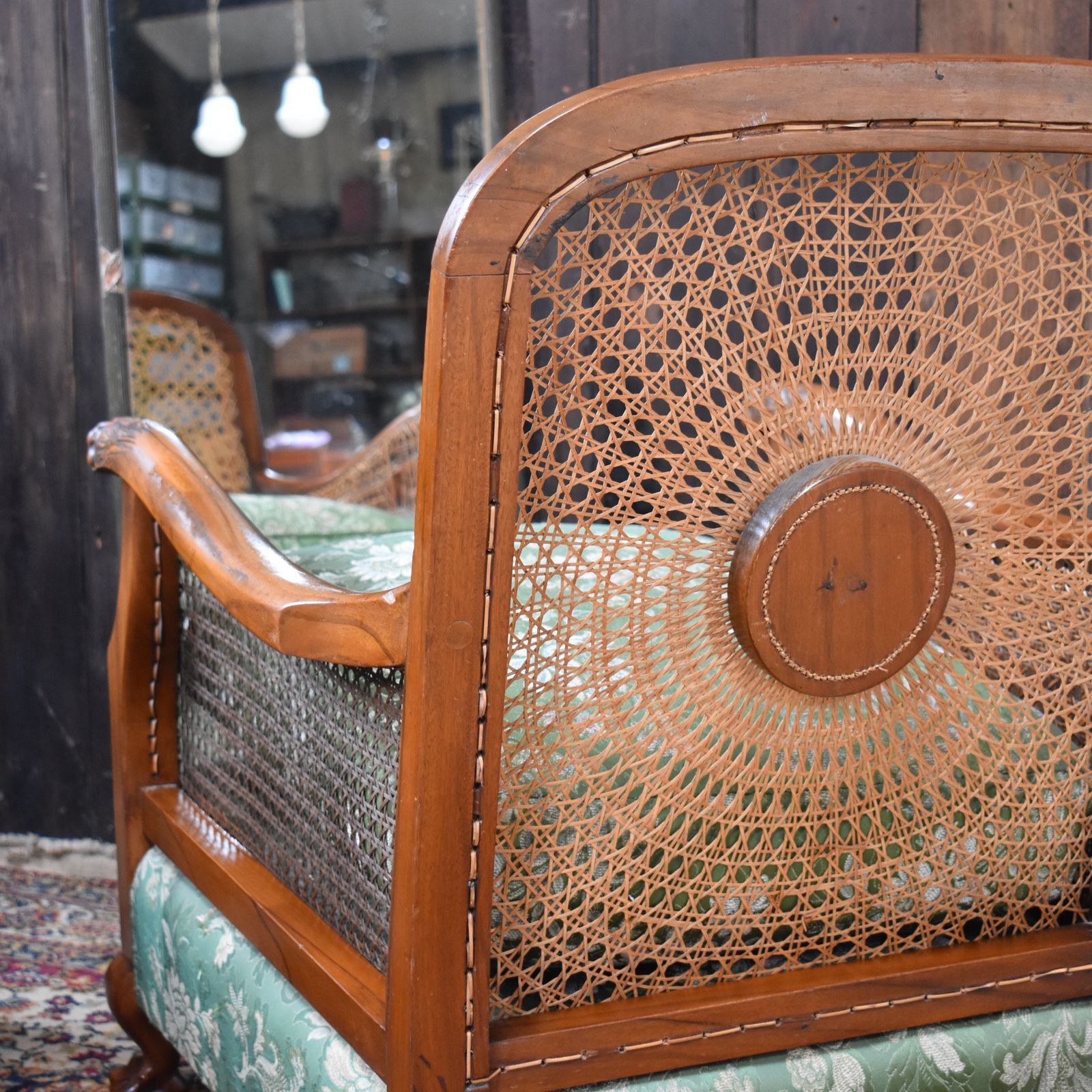photo vinterior Antique Walnut Bergere Cane Carved Paw Arms Claw & Ball Foot Armchairs Pair
