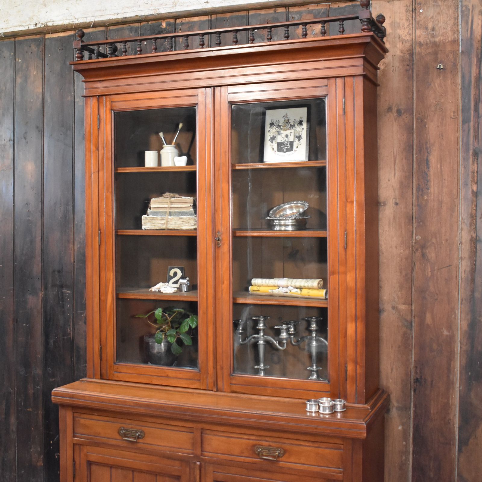 Antique Victorian Walnut Gallery Top Glazed Bookcase Display Cabinet Dresser photo Furniture