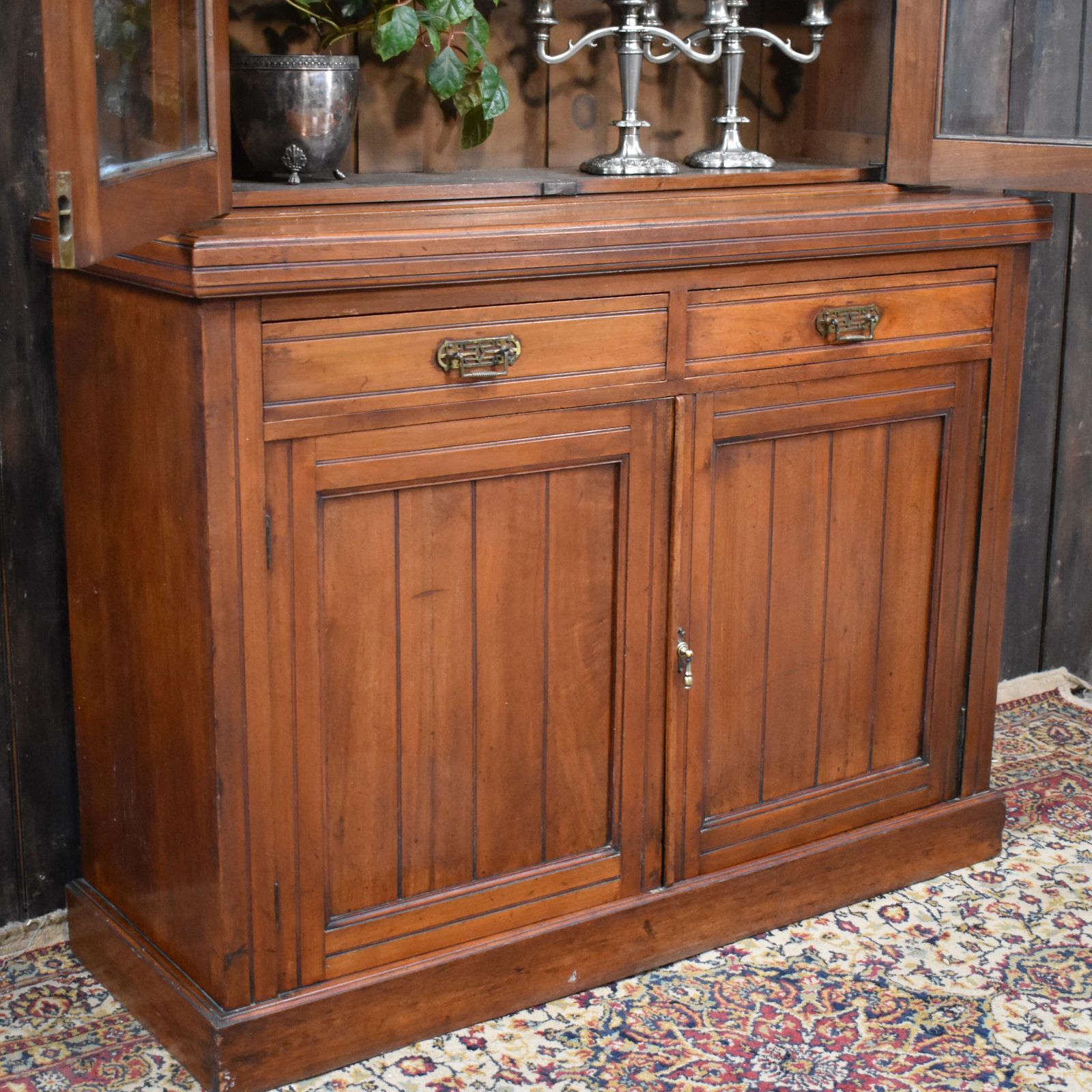 Antique Victorian Walnut Gallery Top Glazed Bookcase Display Cabinet Dresser photo buy