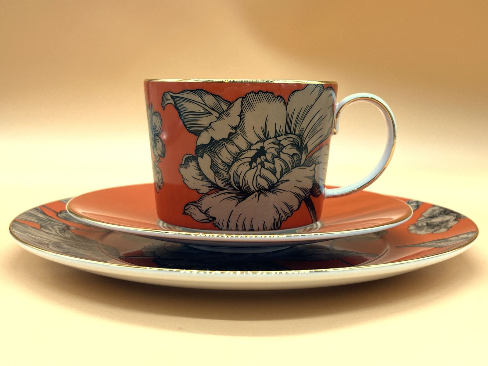 95.0 Wedgwood Pottery Vibrance Orange Tea Cup, Saucer & Side Plate Trio Boxed. photo