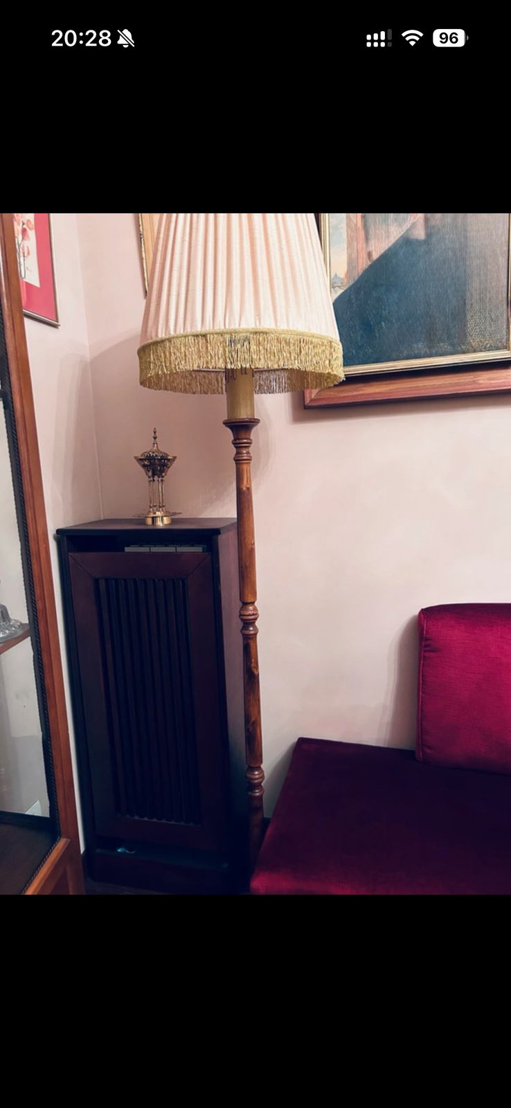 Vintage Wooden Floor Lamp With Fringed Shade photo furniture