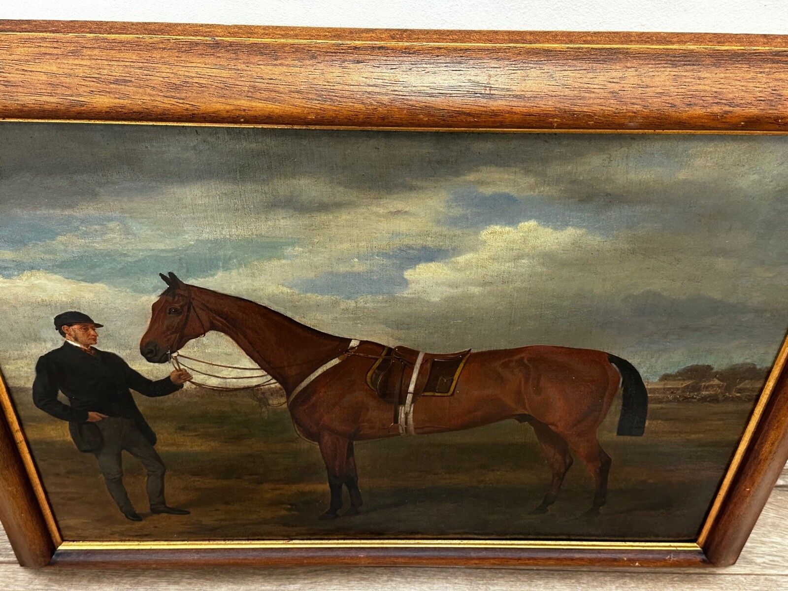 Equestrian Oil Painting Victorian Equine Bay Hunter Horse With Groom At French Fair Framed photo for sale