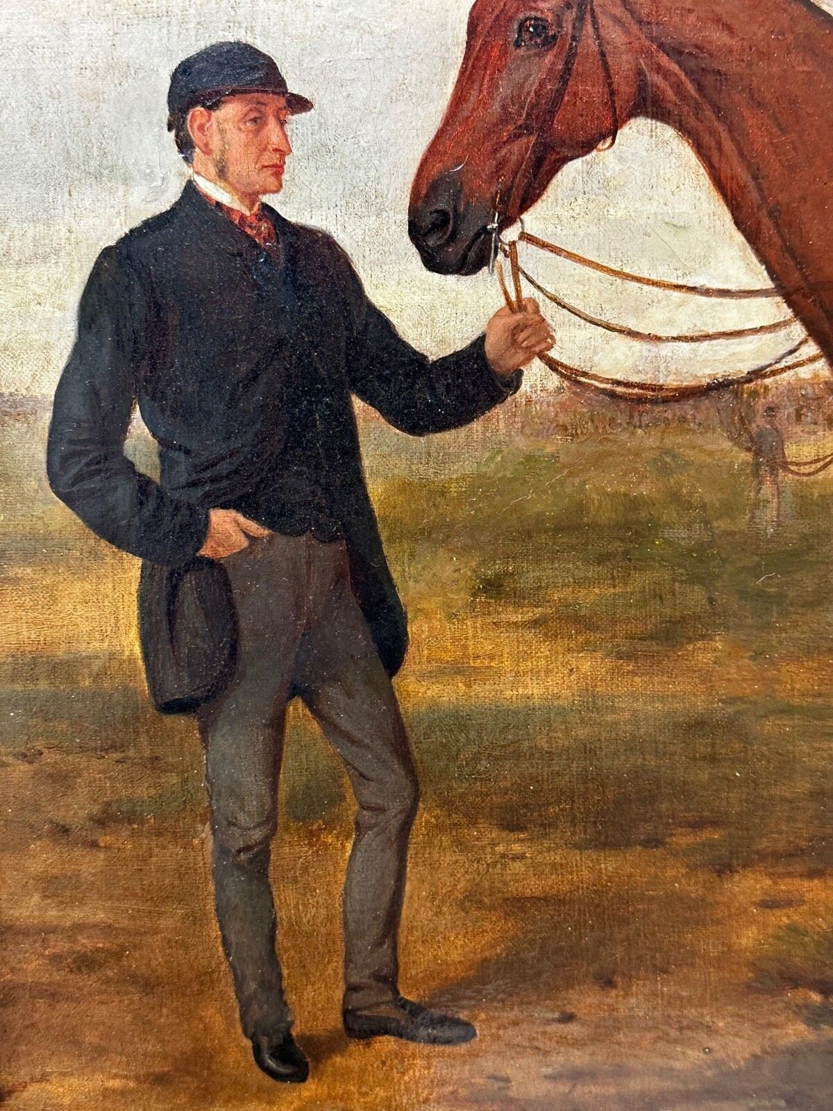 Equestrian Oil Painting Victorian Equine Bay Hunter Horse With Groom At French Fair Framed photo vintage