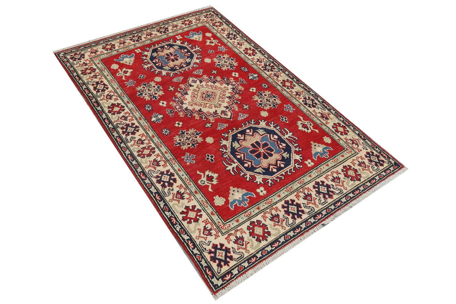 Red Kazak Handmade Wool Medallion Caucasian Rug 123x186cm photo furniture