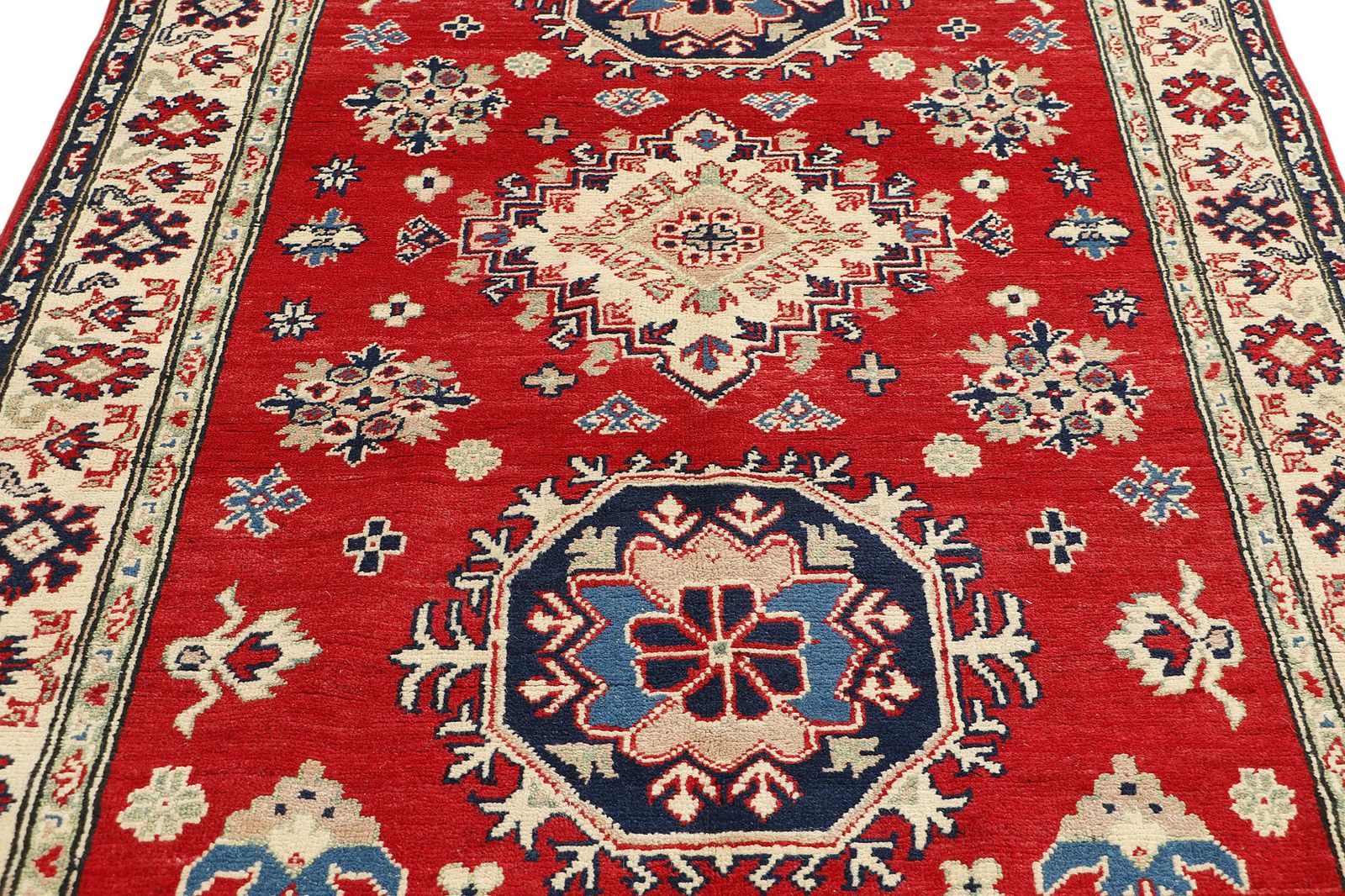 Red Kazak Handmade Wool Medallion Caucasian Rug 123x186cm photo for sale