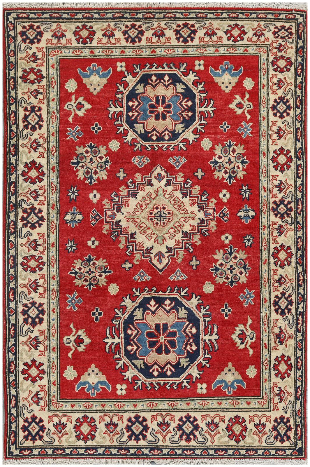 Red Kazak Handmade Wool Medallion Caucasian Rug 123x186cm
