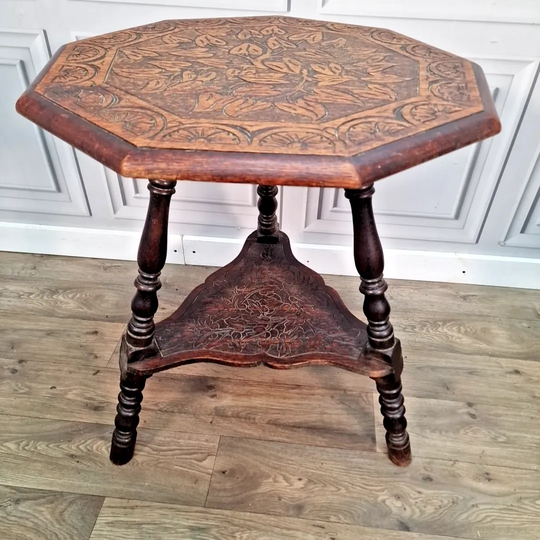 Antique Carved Lamp Table Oak Nonagonal – Arts And Crafts Side Liberty & Co