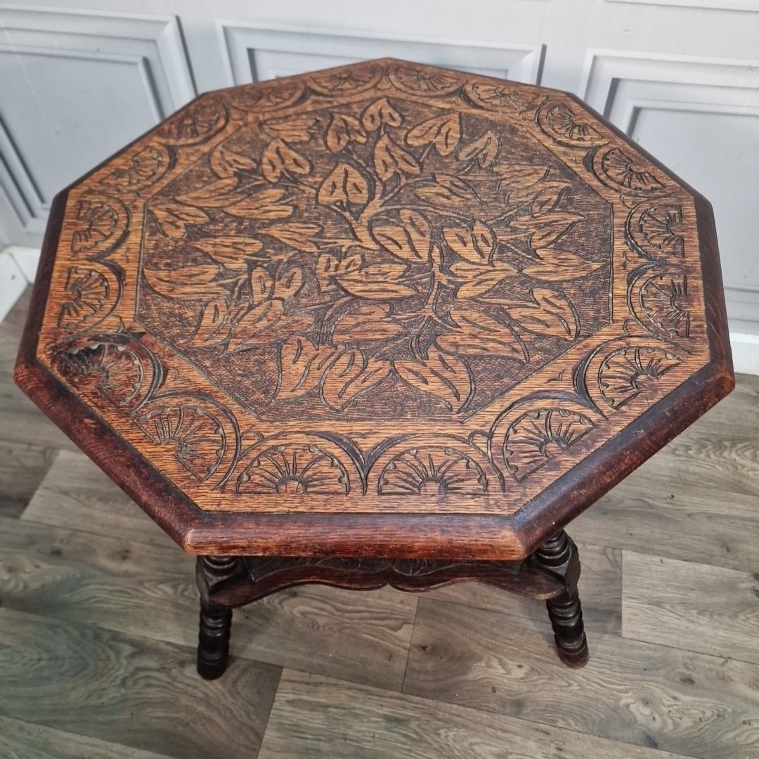 Antique Carved Lamp Table Oak Nonagonal – Arts And Crafts Side Liberty & Co photo Furniture