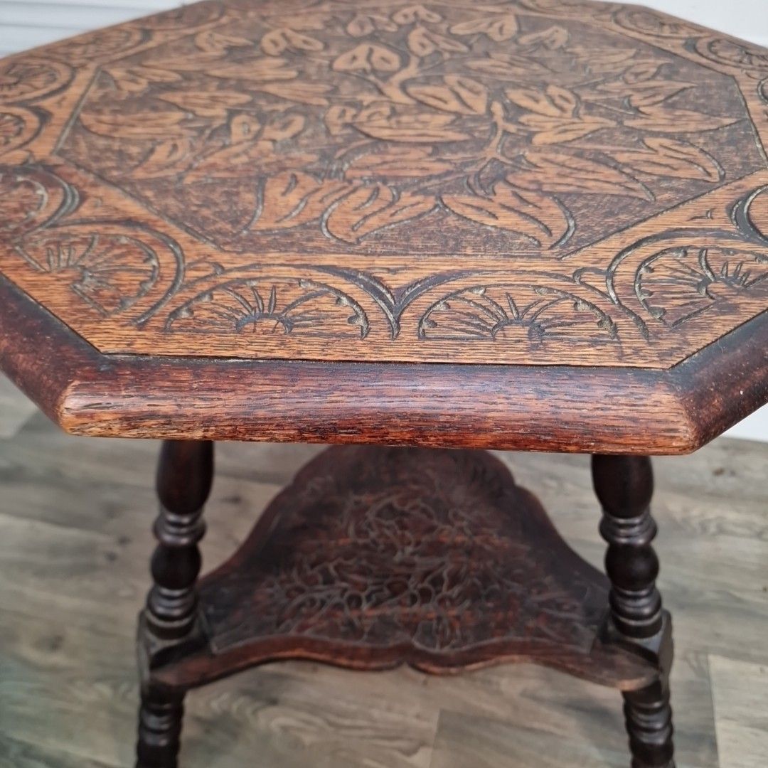 Antique Carved Lamp Table Oak Nonagonal – Arts And Crafts Side Liberty & Co photo 230.0