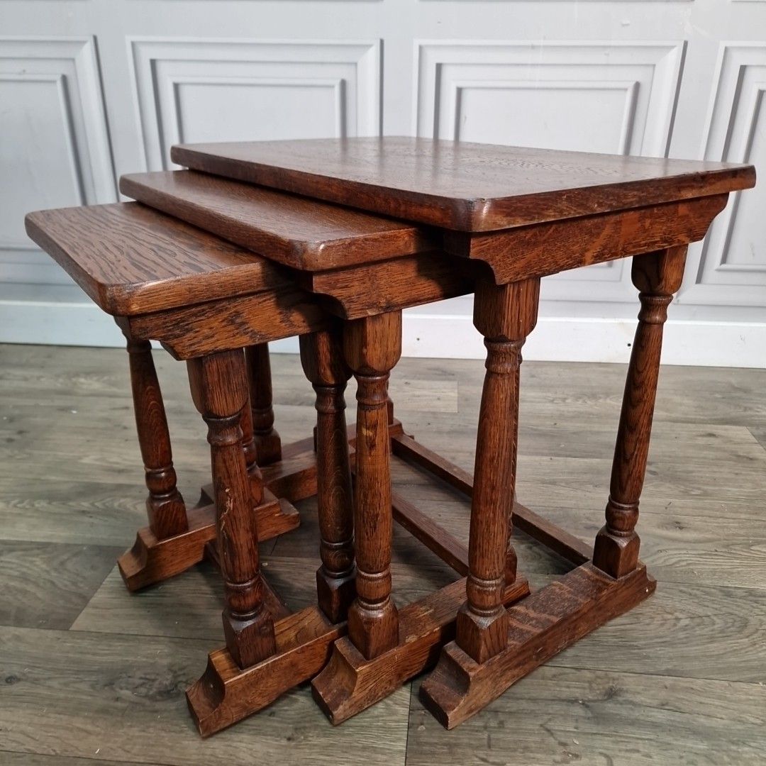 Antique Nest Of Tables 3 Oak Mid Century Occasional Side Vintage Wooden Retro photo 60.0