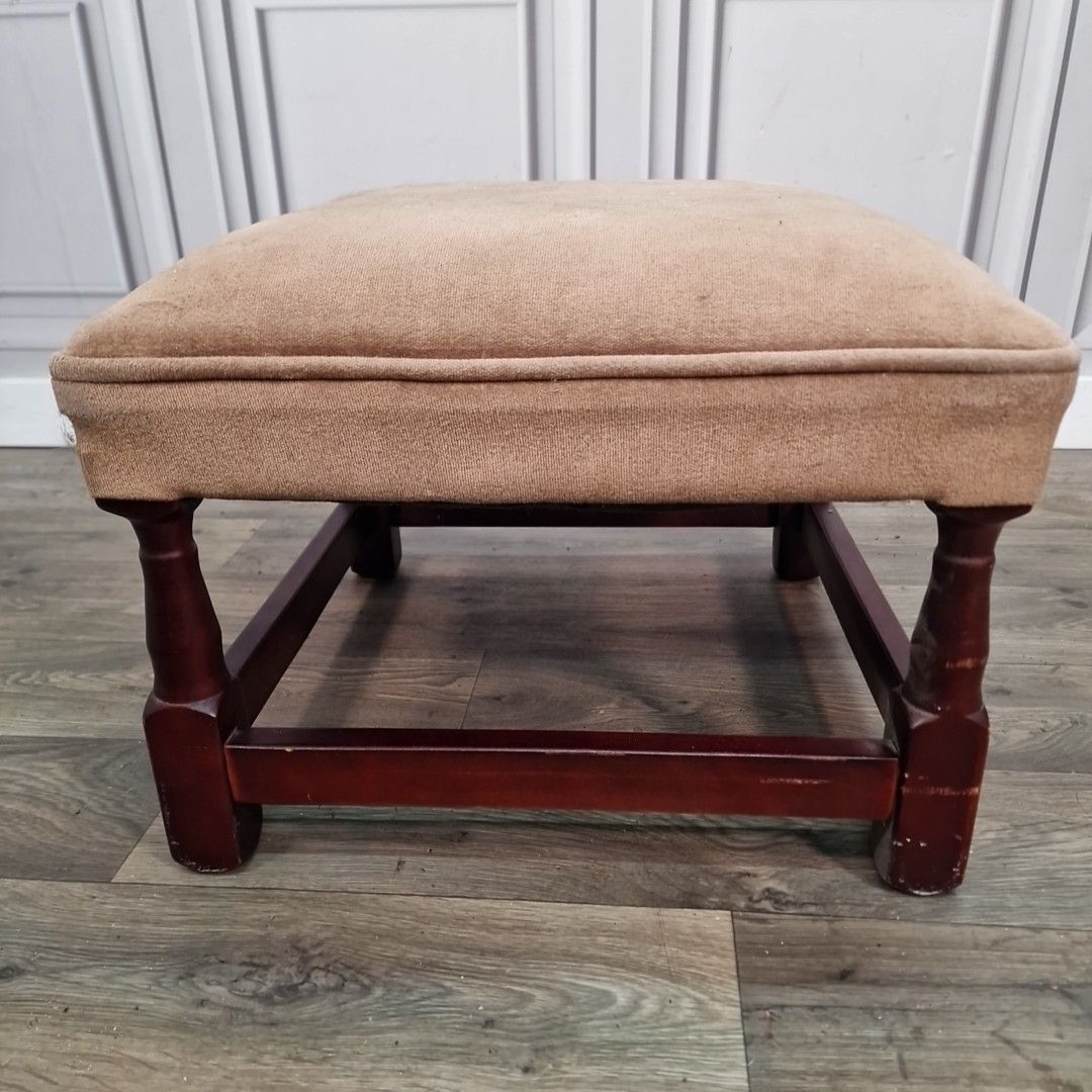 Vintage Foot Stool Retro Turned Wooden Brown Square Rest Pouffe Velvet Fabric photo buy