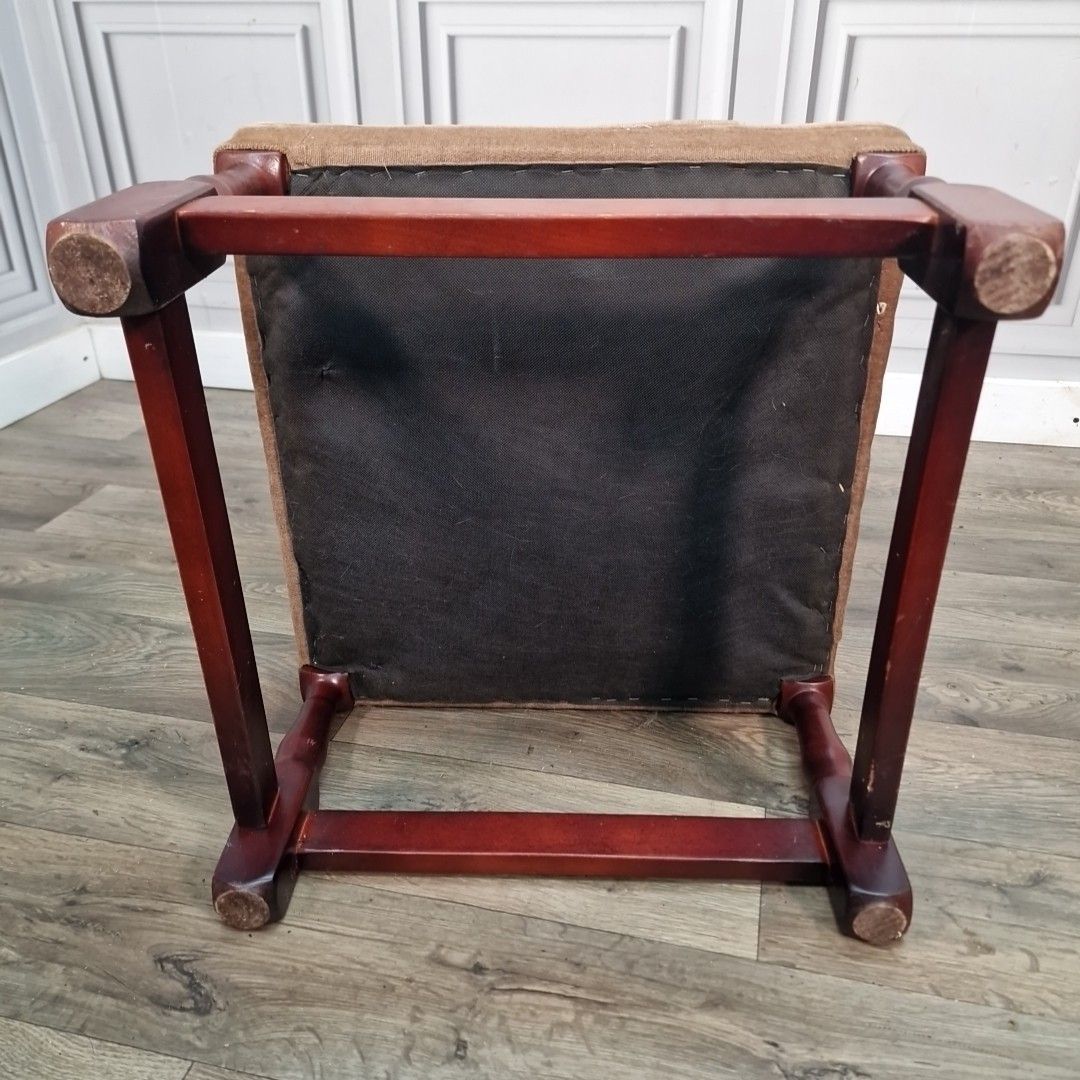 Furniture Vintage Foot Stool Retro Turned Wooden Brown Square Rest Pouffe Velvet Fabric photo