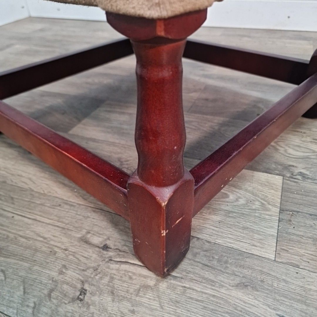 photo vinterior Vintage Foot Stool Retro Turned Wooden Brown Square Rest Pouffe Velvet Fabric