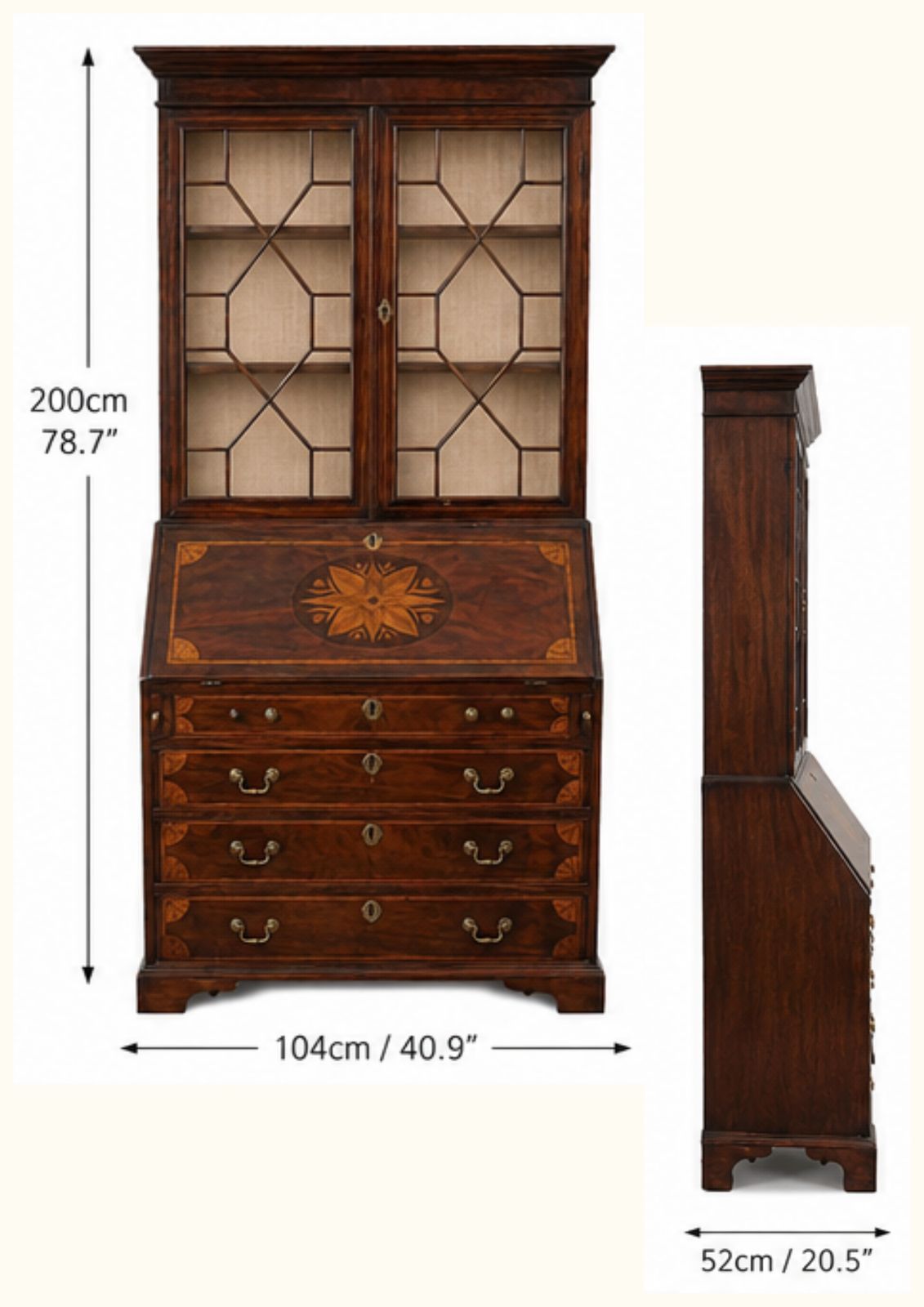 Georgian Revival Bureau/Glazed Bookcase. Stunning Inlay C1900 photo vinterior